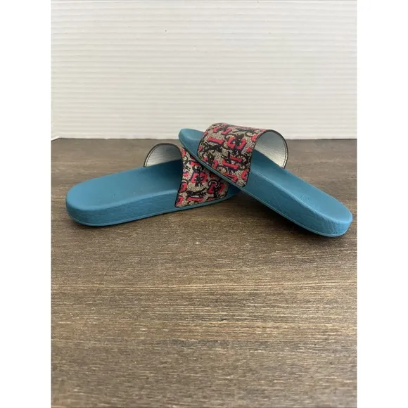 Gucci Wolf Detailed Dark Teal Pool Slide Sandals Size 10 Kids