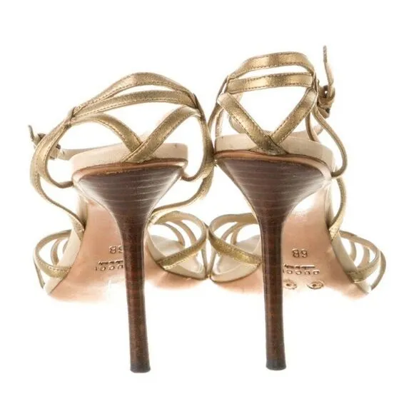 Gucci Authentic Solid Gold Genuine Leather High Heel Sandals Ankle Strap 6 Italy