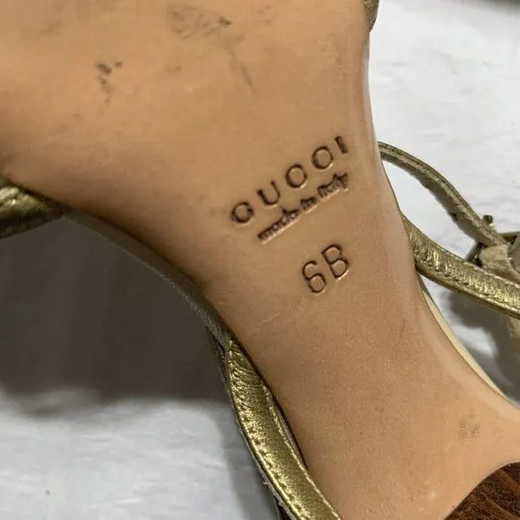 Gucci Authentic Solid Gold Genuine Leather High Heel Sandals Ankle Strap 6 Italy