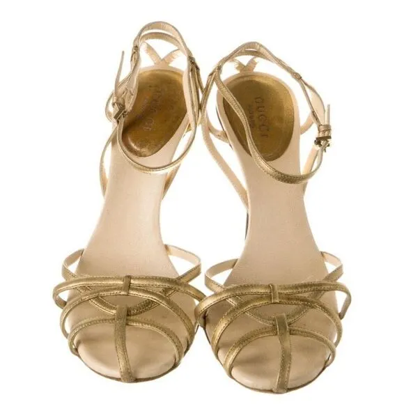 Gucci Authentic Solid Gold Genuine Leather High Heel Sandals Ankle Strap 6 Italy
