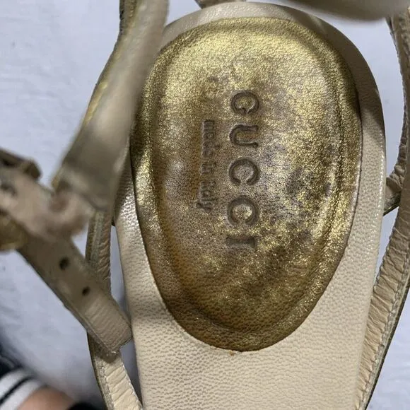 Gucci Authentic Solid Gold Genuine Leather High Heel Sandals Ankle Strap 6 Italy