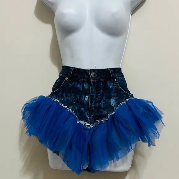 Handcrafted Upcycled Blue Ruffle Mini Skirt Size 8