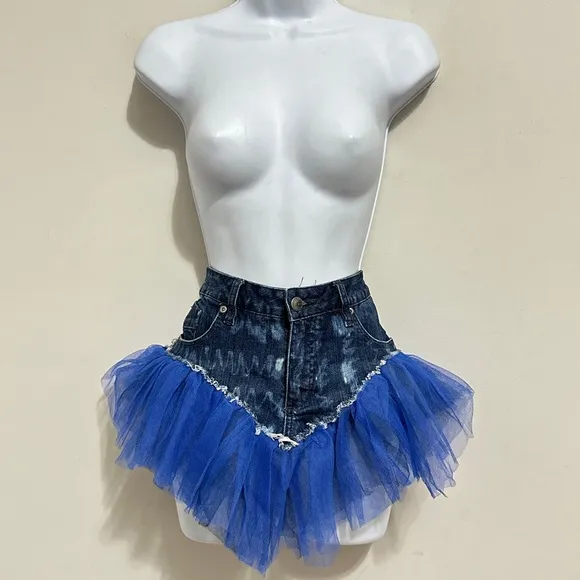 Handcrafted Upcycled Blue Ruffle Mini Skirt Size 8
