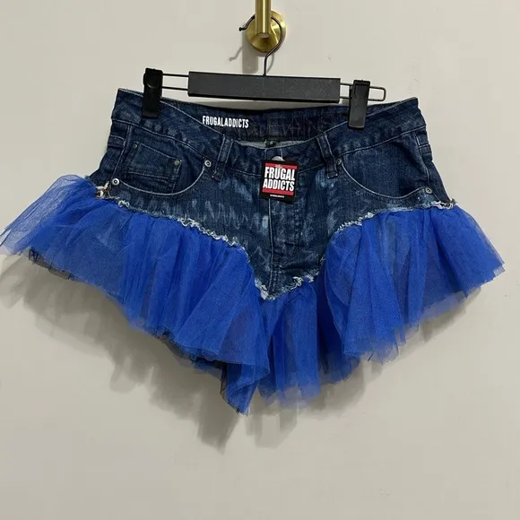 Handcrafted Upcycled Blue Ruffle Mini Skirt Size 8