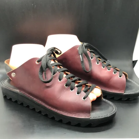 Hanig &amp; Co Handmade oxblood slingback lace up leather platforms sandals Size 9