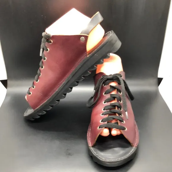 Hanig &amp; Co Handmade oxblood slingback lace up leather platforms sandals Size 9