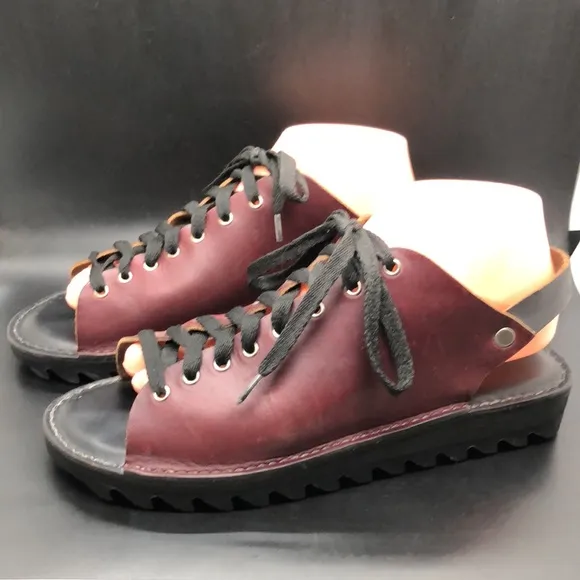 Hanig &amp; Co Handmade oxblood slingback lace up leather platforms sandals Size 9