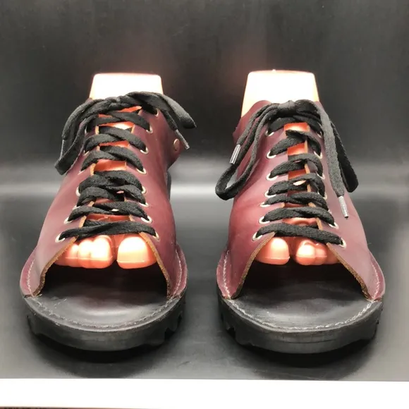 Hanig &amp; Co Handmade oxblood slingback lace up leather platforms sandals Size 9