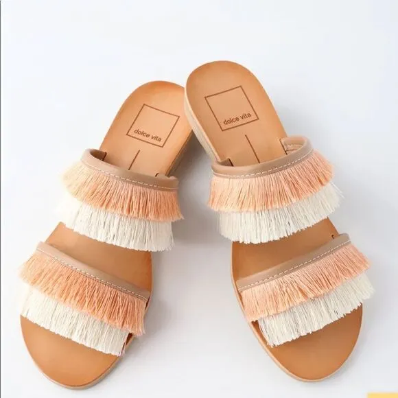 Haya Natural Fringe Slide Sandals Peach Beige Tan Vacation