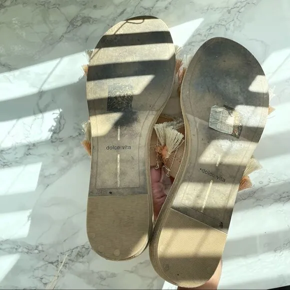 Haya Natural Fringe Slide Sandals Peach Beige Tan Vacation