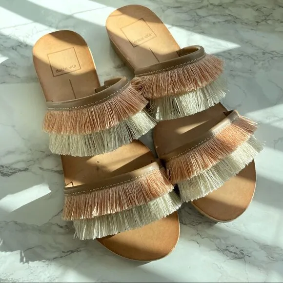Haya Natural Fringe Slide Sandals Peach Beige Tan Vacation