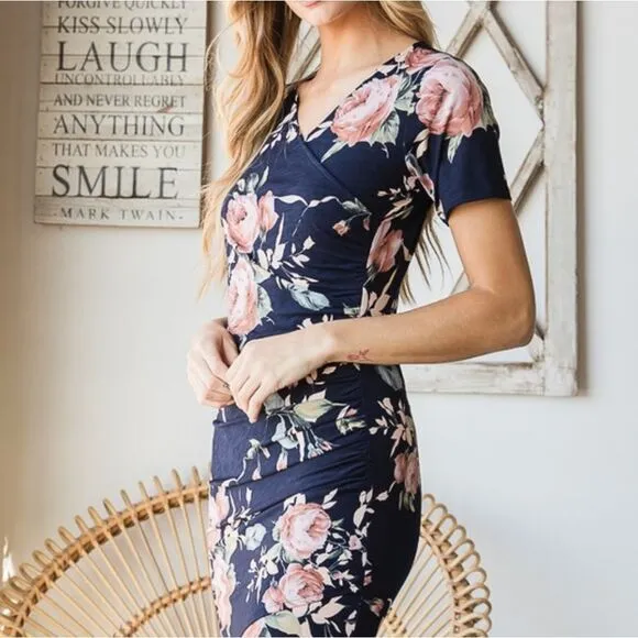 *;Heimish Bodycon Fitted Ruched Floral Mini Above Knee Work Dress S M L PLUS