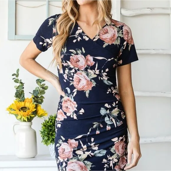 *;Heimish Bodycon Fitted Ruched Floral Mini Above Knee Work Dress S M L PLUS