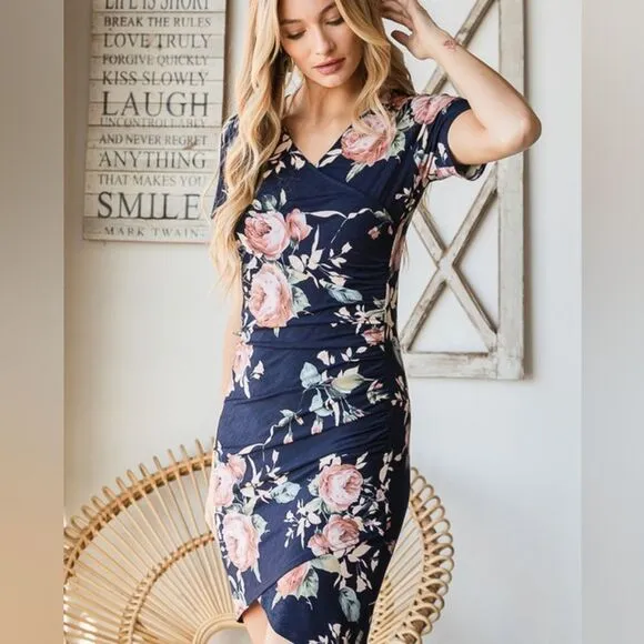 *;Heimish Bodycon Fitted Ruched Floral Mini Above Knee Work Dress S M L PLUS