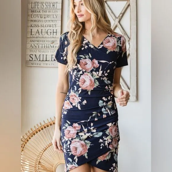 *;Heimish Bodycon Fitted Ruched Floral Mini Above Knee Work Dress S M L PLUS