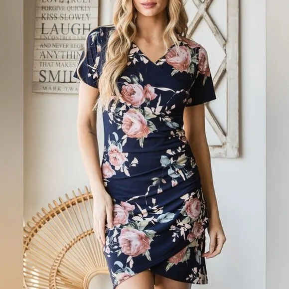 *;Heimish Bodycon Fitted Ruched Floral Mini Above Knee Work Dress S M L PLUS