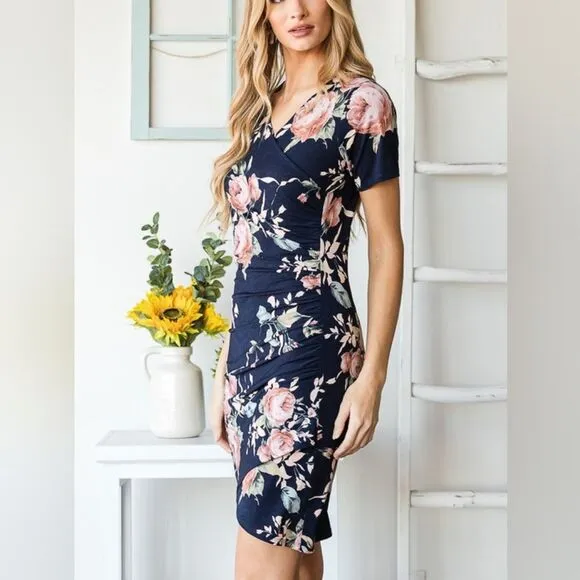 *;Heimish Bodycon Fitted Ruched Floral Mini Above Knee Work Dress S M L PLUS