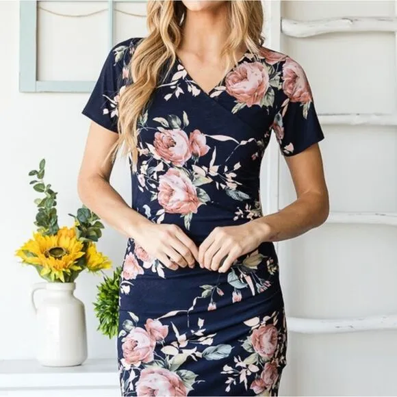 *;Heimish Bodycon Fitted Ruched Floral Mini Above Knee Work Dress S M L PLUS