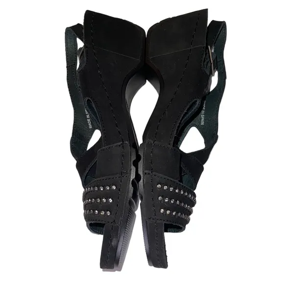 Helle Comfort Black Nubuck Rhinestone Slingback Wedge Sandals Size EU 38 US 7.5