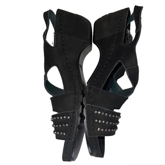 Helle Comfort Black Nubuck Rhinestone Slingback Wedge Sandals Size EU 38 US 7.5
