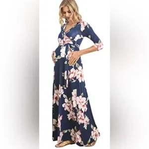 Hello Miz Maternity Maxi Faux Wrap Dress in Blue Hawaiian Floral Size Medium​​​​