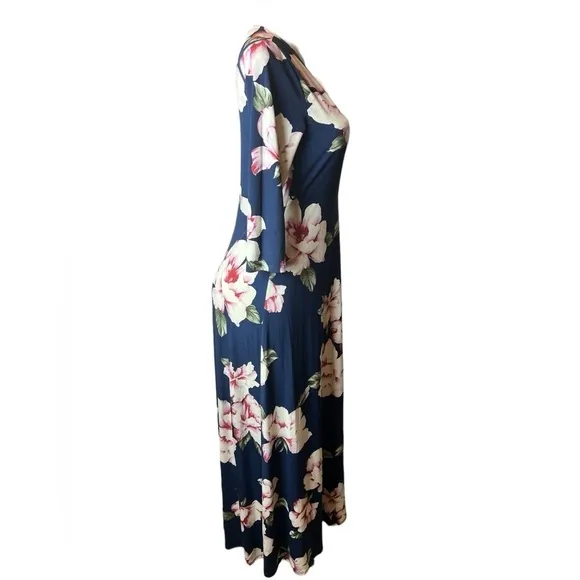 Hello Miz Maternity Maxi Faux Wrap Dress in Blue Hawaiian Floral Size Medium​​​​