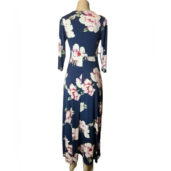 Hello Miz Maternity Maxi Faux Wrap Dress in Blue Hawaiian Floral Size Medium​​​​
