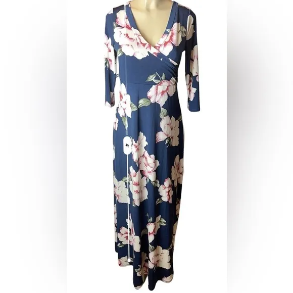 Hello Miz Maternity Maxi Faux Wrap Dress in Blue Hawaiian Floral Size Medium​​​​