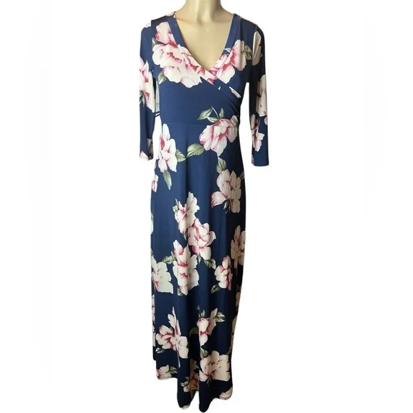 Hello Miz Maternity Maxi Faux Wrap Dress in Blue Hawaiian Floral Size Medium​​​​