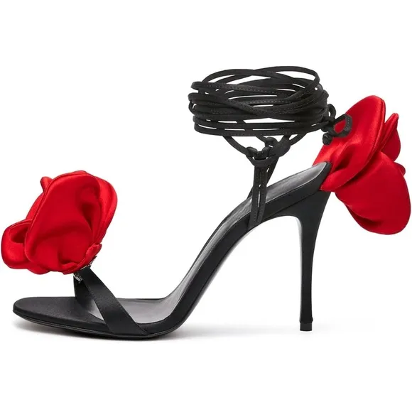 High Heel 4'' Open Toe Floral Ankle Strappy Lace Up Stiletto Heeled Back Flower