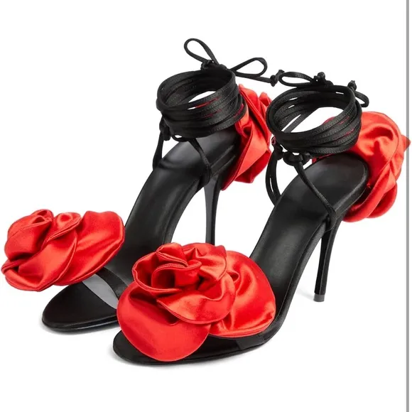 High Heel 4'' Open Toe Floral Ankle Strappy Lace Up Stiletto Heeled Back Flower