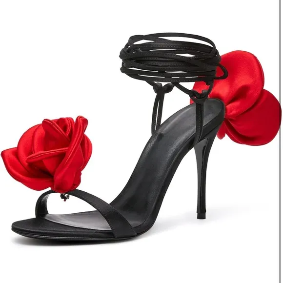 High Heel 4'' Open Toe Floral Ankle Strappy Lace Up Stiletto Heeled Back Flower