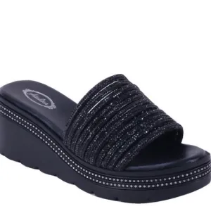 Italina Black Rhinestone Embellished open Toe Platform Wedge Slide-In Sandal 6