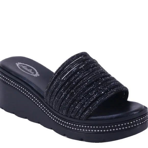 Italina Black Rhinestone Embellished open Toe Platform Wedge Slide-In Sandal 6