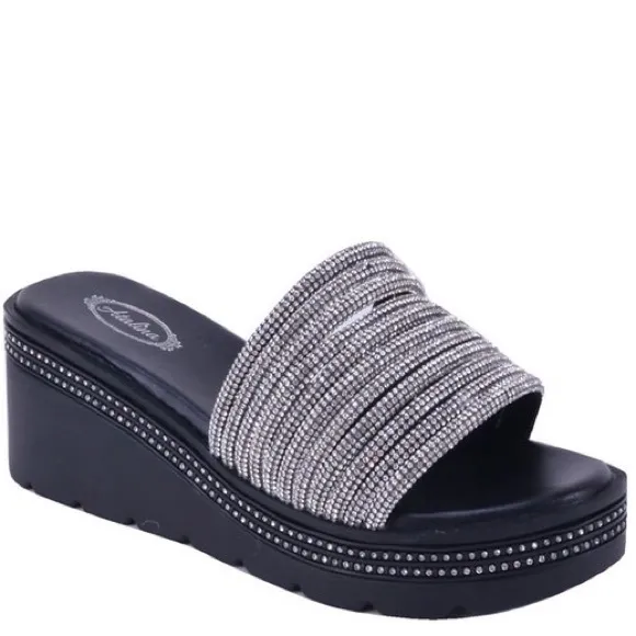 Italina Black Rhinestone Embellished open Toe Platform Wedge Slide-In Sandal 6