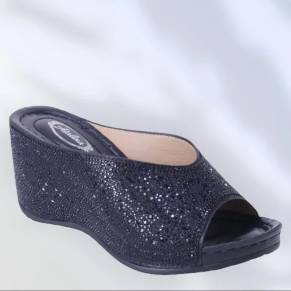 Italina Black Rhinestone Embellished Wedge Heeled Padded Slide Sandals