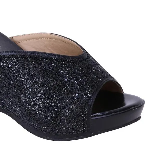 Italina Black Rhinestone Embellished Wedge Heeled Padded Slide Sandals