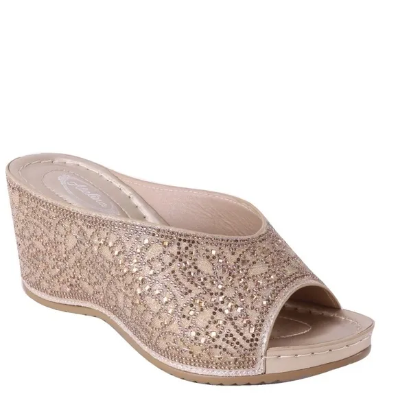 Italina Black Rhinestone Embellished Wedge Heeled Padded Slide Sandals