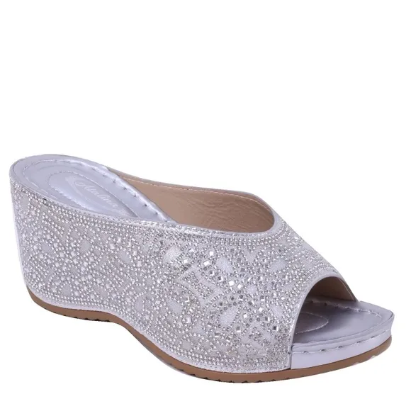 Italina Black Rhinestone Embellished Wedge Heeled Padded Slide Sandals