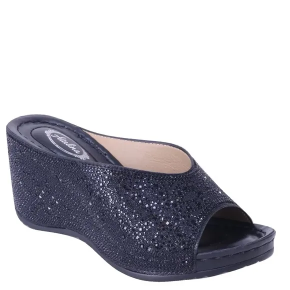 Italina Black Rhinestone Embellished Wedge Heeled Padded Slide Sandals