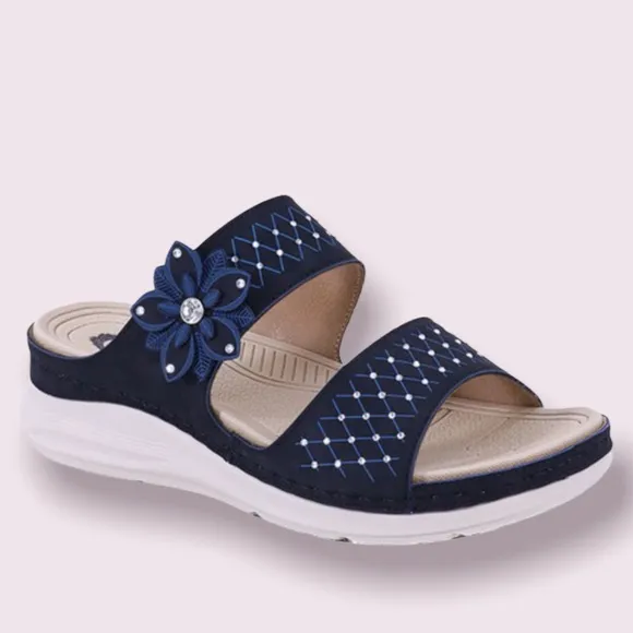Italina Black Rosette Flower Embellished Slip-On Padded Slide Wedge Sandals