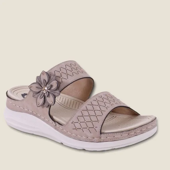 Italina Tan Comfort Flower Rosette Slip-On Wedge Heel Padded Slide Sandal