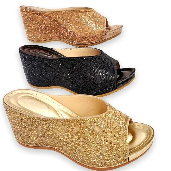 Italina Metallic Sparkly Bright Silver Rhinestone Embellished Heeled Wedge Mule