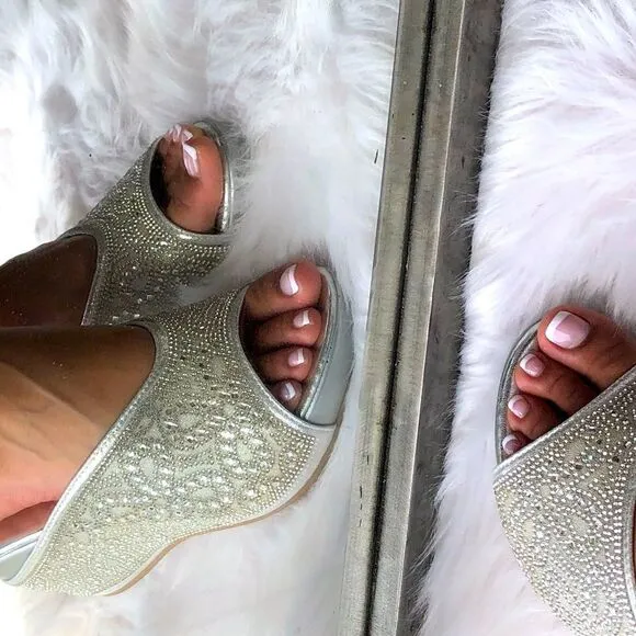 Italina Metallic Sparkly Bright Silver Rhinestone Embellished Heeled Wedge Mule