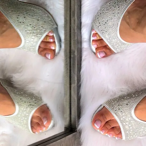 Italina Metallic Sparkly Bright Silver Rhinestone Embellished Heeled Wedge Mule