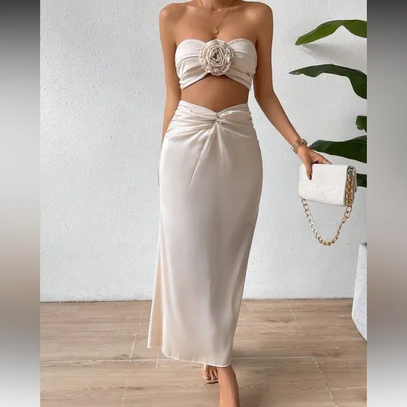 Ivory cream satin flower detail matching crop top &amp; twist midi skirt coord set