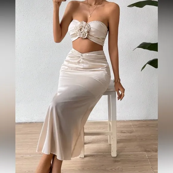 Ivory cream satin flower detail matching crop top &amp; twist midi skirt coord set