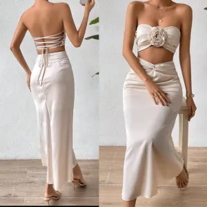 Ivory cream satin flower detail matching crop top &amp; twist midi skirt coord set