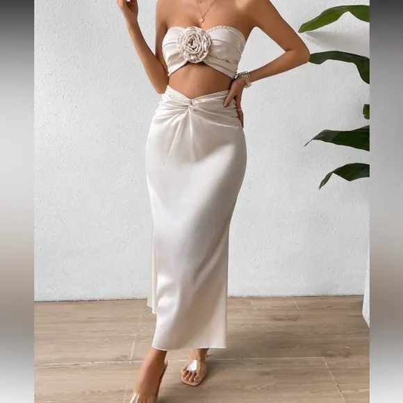 Ivory cream satin flower detail matching crop top &amp; twist midi skirt coord set