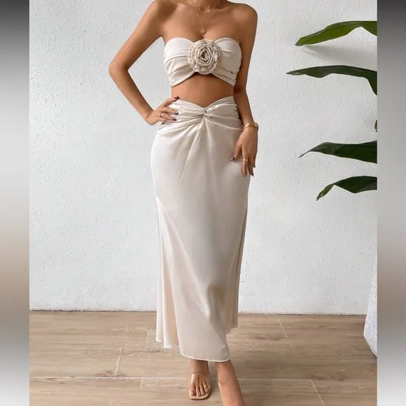Ivory cream satin flower detail matching crop top &amp; twist midi skirt coord set